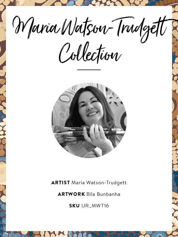 Intricate dot painting with earthy brown, terracotta, and blue tones arranged in swirling lines and circular patterns. From the Maria Watson-Trudgett collection with Urban Road.