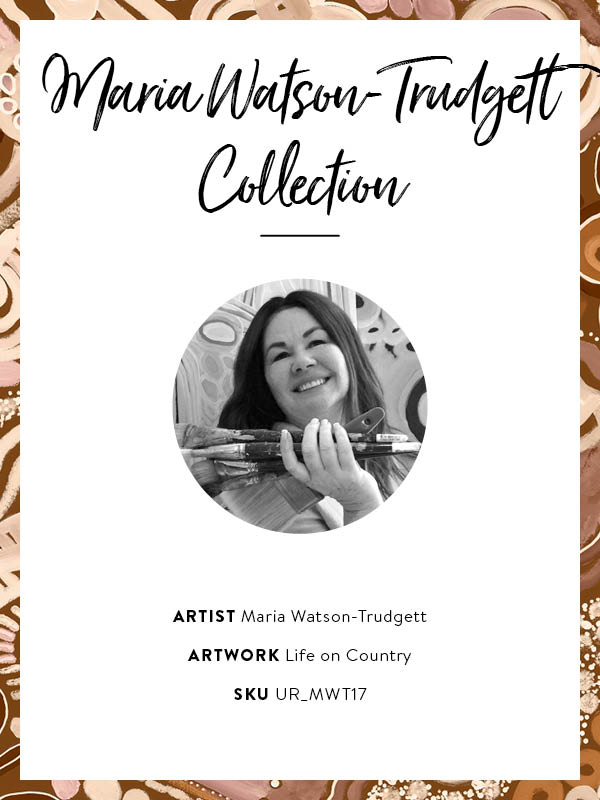 Earth-toned abstract painting with layered shapes, linear elements, and intricate dotwork in terracotta, white, and pink. From the Maria Watson-Trudgett collection with Urban Road.