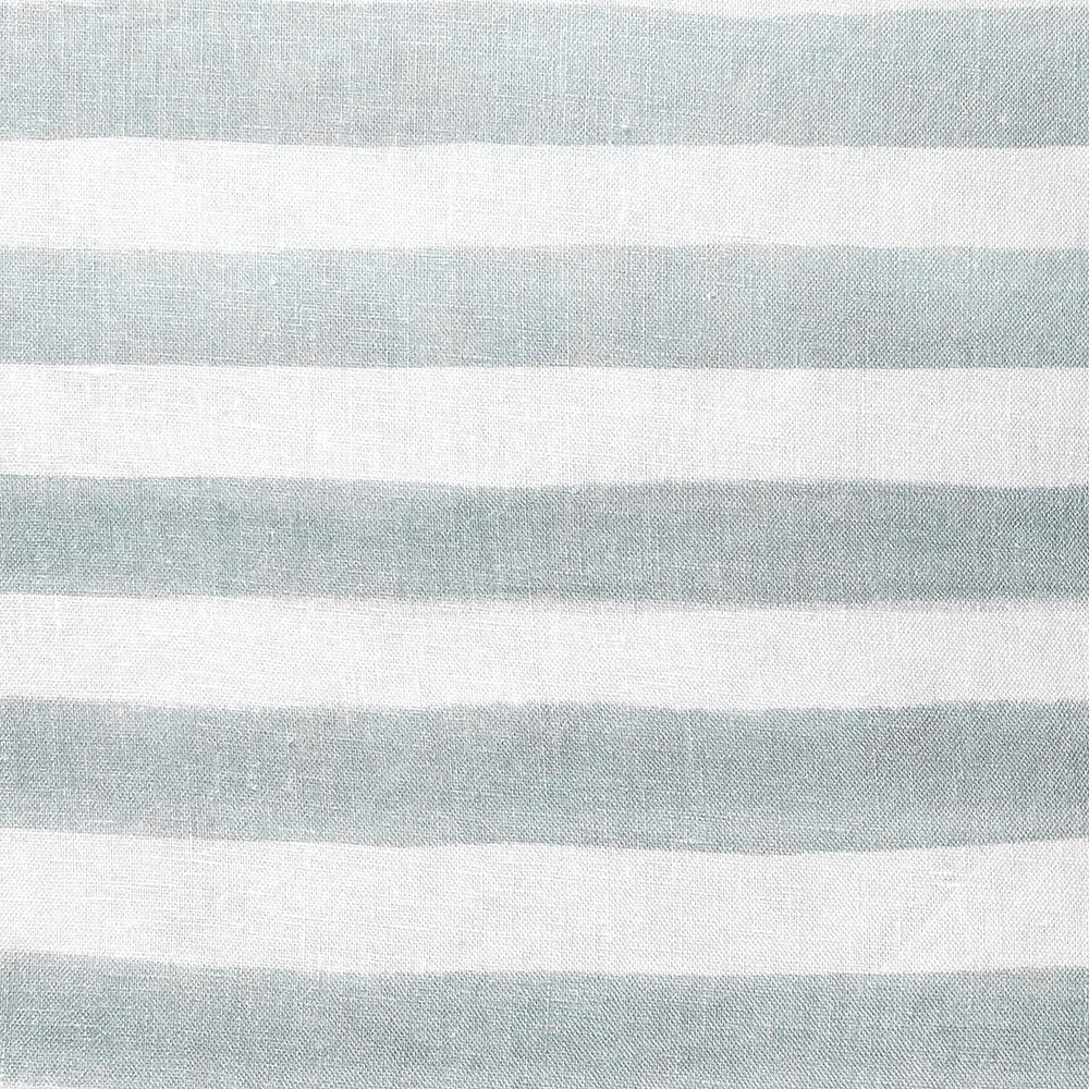 The Urban Road Rumi Striped Sage Green Linen Cushion (50x50cm) features horizontal sage green and white stripes on linen fabric, shown with a feather insert against a plain white background.