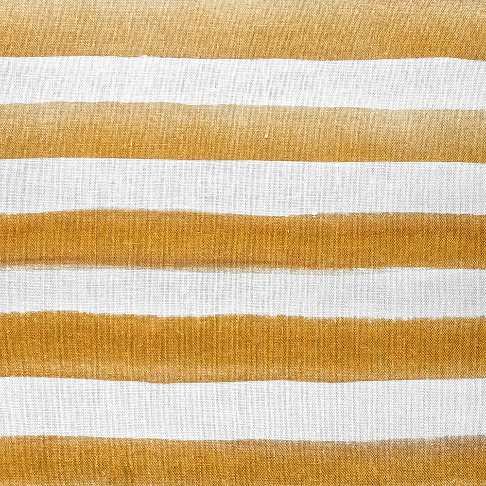 Add chic Scandinavian style to your space with the Urban Road Rumi Striped Mustard Linen Cushion With Feather Insert (50x50cm), featuring a white background and horizontal mustard yellow watercolor stripes.