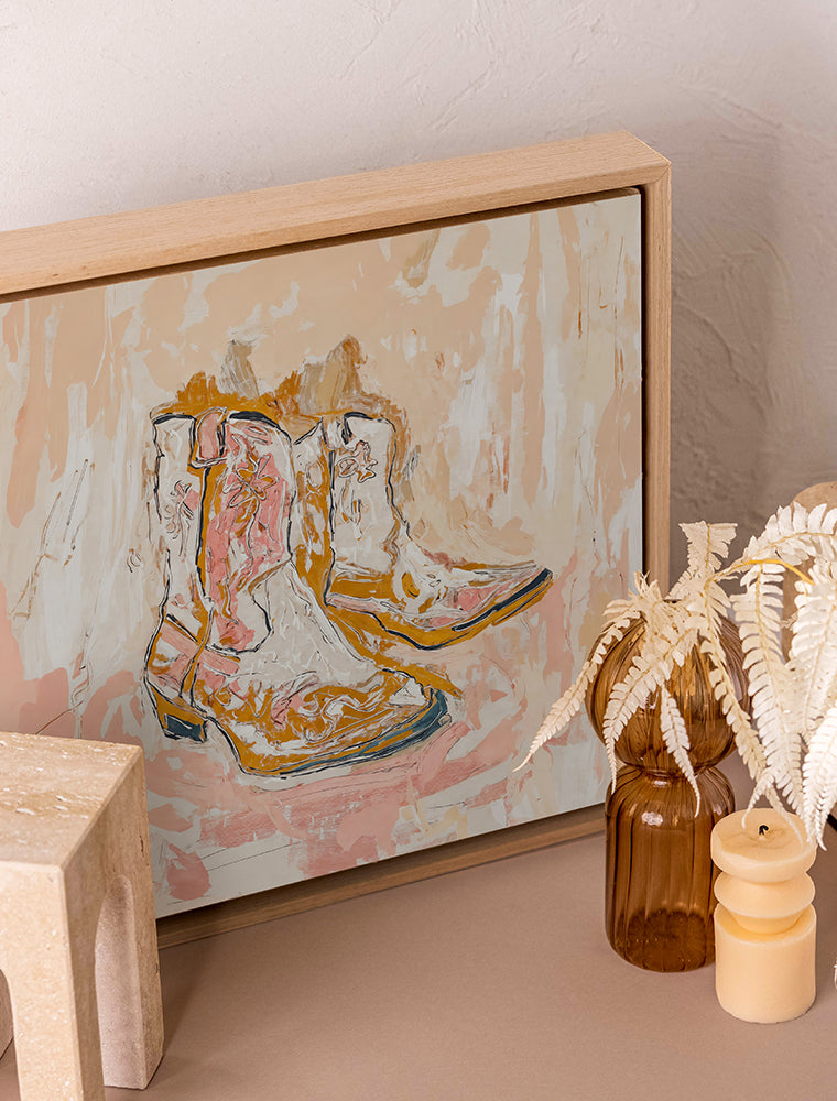 Cowboy Boots at Sunset - Oak Box Frame Canvas - 30x30