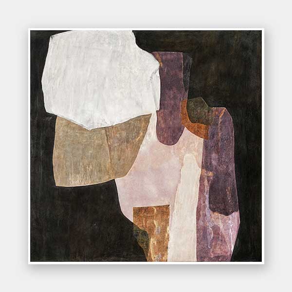 An abstract art print titled Chiaroscuro I, featuring layered organic shapes in deep brown, soft mauve, neutral beige, and black. The design creates a bold yet serene composition.