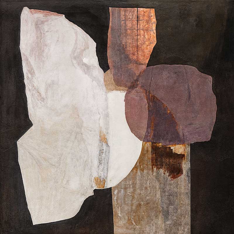 An abstract art print titled Chiaroscuro II, featuring layered organic shapes in deep brown, muted mauve, soft beige, and black. The textured design creates a bold yet harmonious composition.