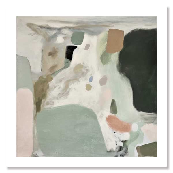 A soft abstract wall art print titled Traces of a Dream I, featuring fluid, organic brushstrokes in sage green, blush, beige, and dark green.
