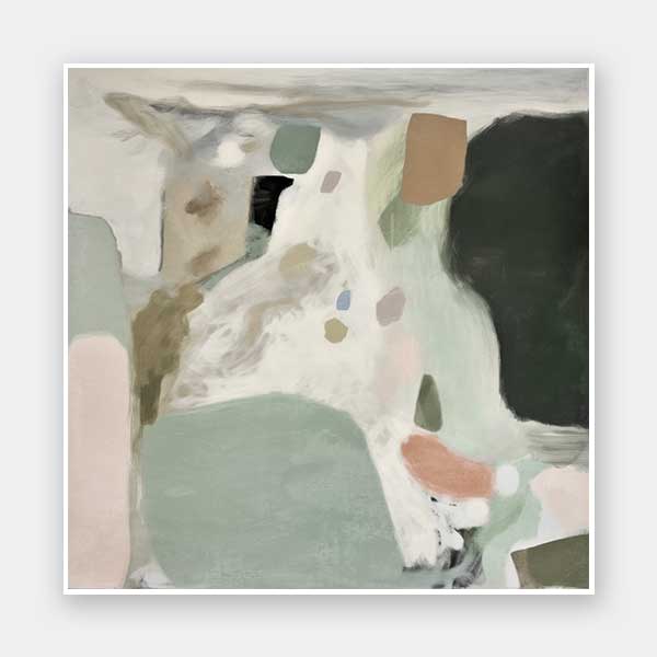 A soft abstract wall art print titled Traces of a Dream I, featuring fluid, organic brushstrokes in sage green, blush, beige, and dark green.