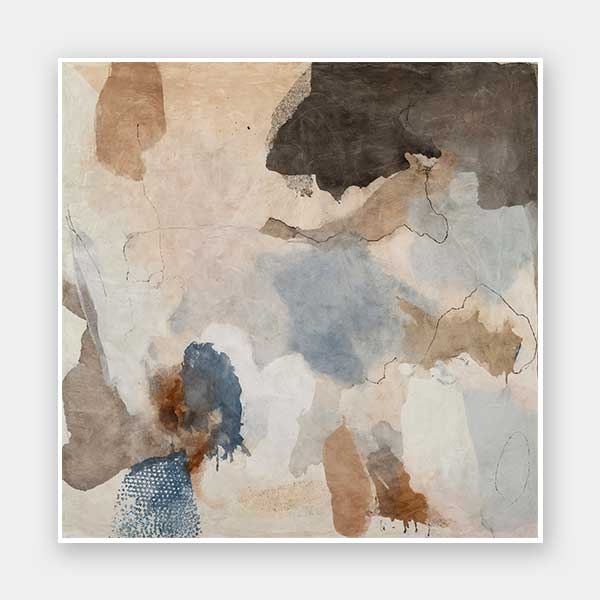 An abstract art print titled Desert Rain I, featuring earthy browns, soft blues, and fluid ink-splatter textures that create depth and movement in a contemporary style.