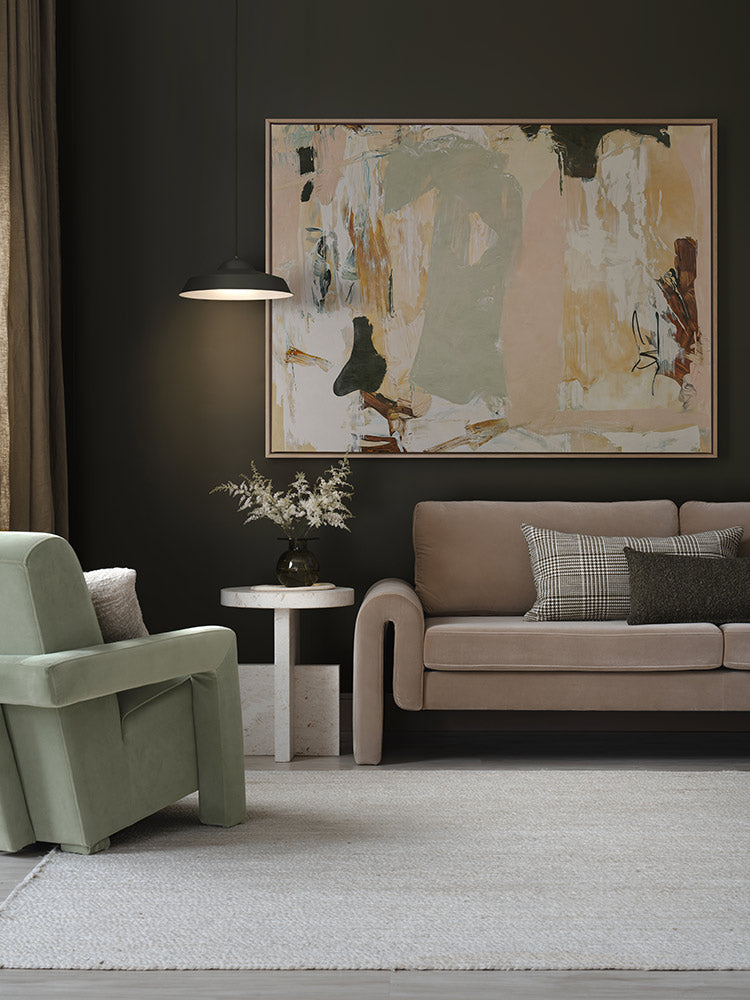 Modern abstract art Earth Echoes II showcasing blush, ivory, and green tones, perfect for contemporary interiors.