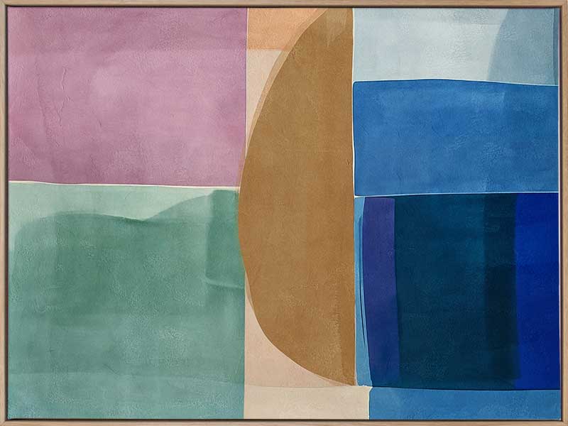 Abstract geometric art Sun Tiles I featuring calming blocks of blues, beige and sea green blocks for contemporary home decor.