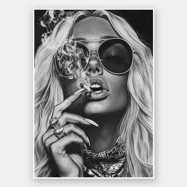 Black-and-white photographic portrait artwork of a glamorous woman smoking, celebrating fearless femininity.