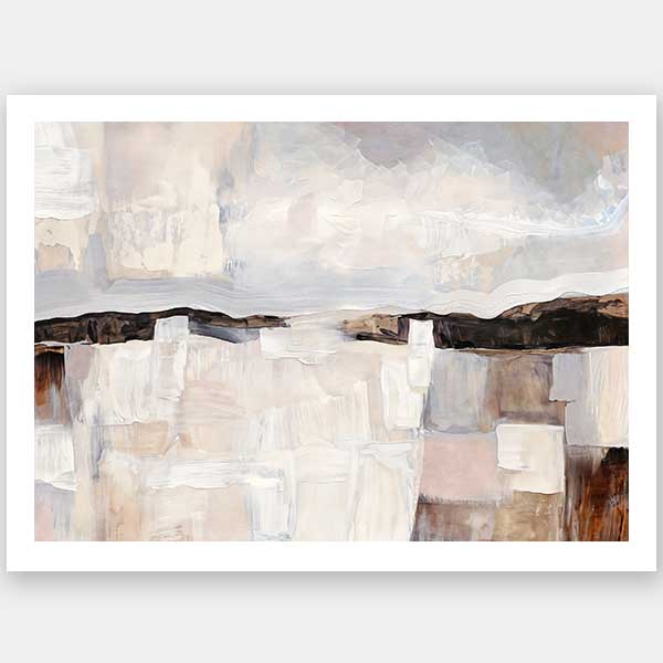 Abstract landscape art featuring muted beige, grey, and brown tones capturing rural beauty and rustic sophistication.