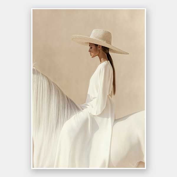 Photographic equestrian artwork of a woman elegantly seated on a white horse, captured in warm beige and creamy neutrals.