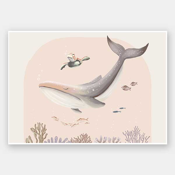 A large illustrated whale and a small turtle swim side by side through soft coral and ocean life in pastel pink and grey tones, from the Little Tails Collection by Urban Road.