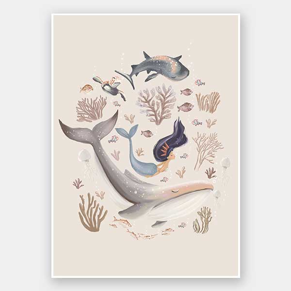 A playful marine composition with a mermaid, whale, and fish swimming amidst soft-toned corals, part of the Little Tails Collection by Urban Road.