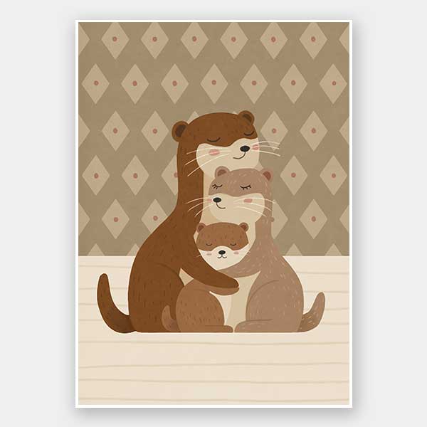 Two cuddly otters hugging in a soft green and brown palette with gentle patterning, from the Little Tails Collection by Urban Road.