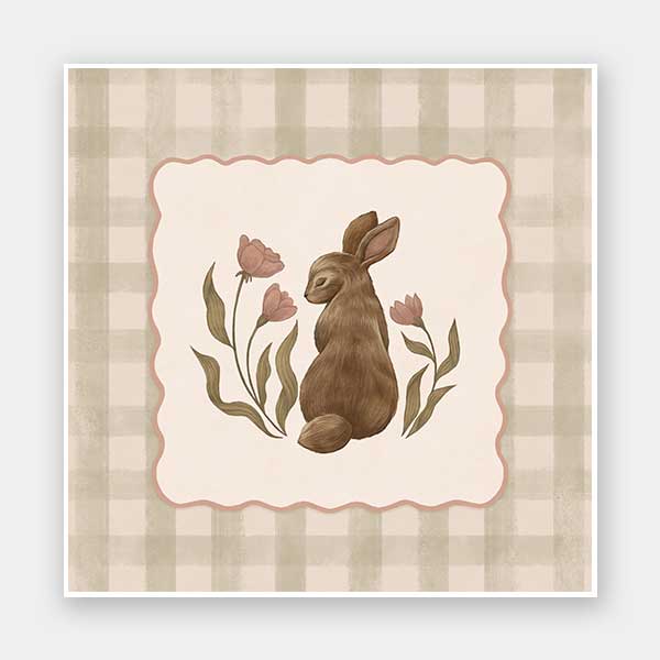 A sweet brown bunny framed by flowers and leaves on a soft green gingham backdrop, from the Little Tails Collection by Urban Road.
