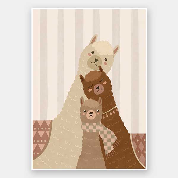A trio of woolly llamas cuddled together in neutral browns with cosy patterned details, from the Little Tails Collection by Urban Road.