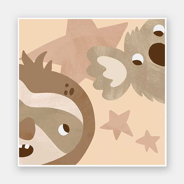 Close-up of a sloth and koala with twinkling stars, celebrating cosy friendship in soft neutral greens, from the Little Tails Collection by Urban Road.