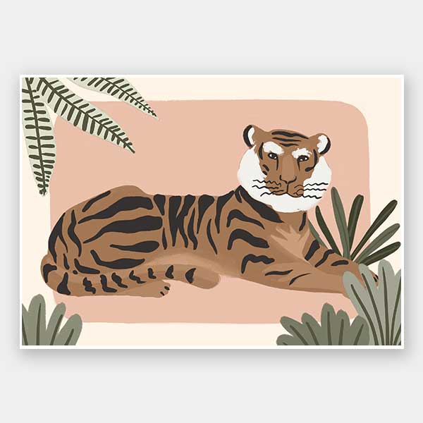 A relaxed tiger lounges among leafy jungle plants in soft pink and brown tones, from the Little Tails Collection by Urban Road.