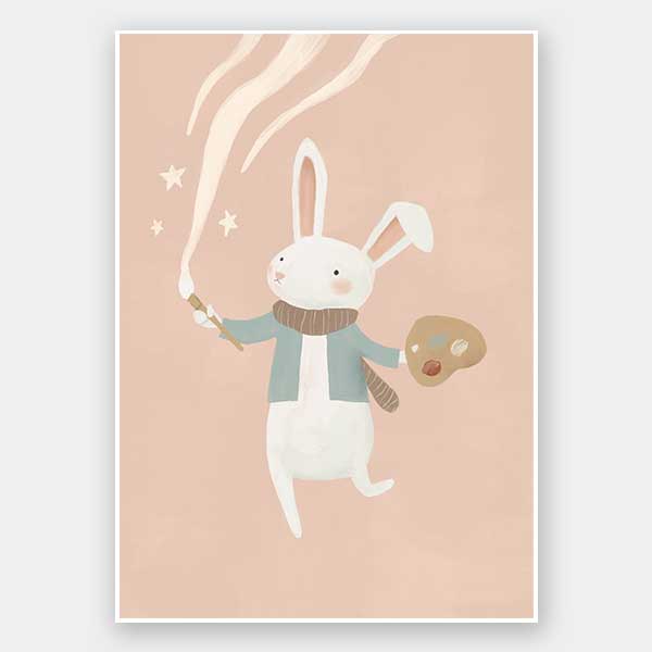 A white bunny holds a paintbrush and palette, sweeping playful painted swirls and star shapes across a pastel pink backdrop, from the Little Tails Collection by Urban Road.