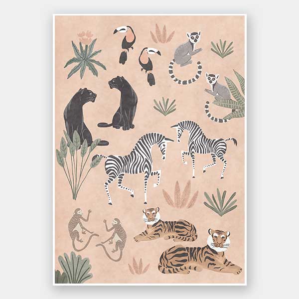 Playful jungle montage featuring friendly animals and foliage in soft peachy pastels, from the Little Tails Collection by Urban Road.