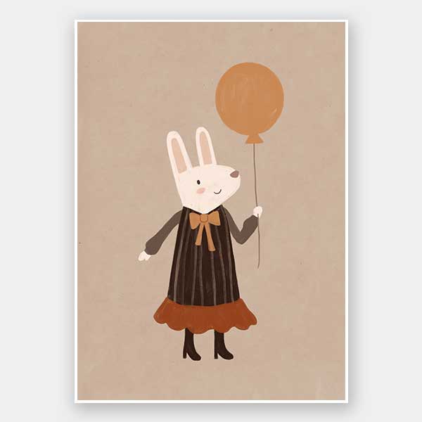Sweet rabbit in a striped dress holding an orange balloon against a soft neutral background, from the Little Tails Collection by Urban Road.