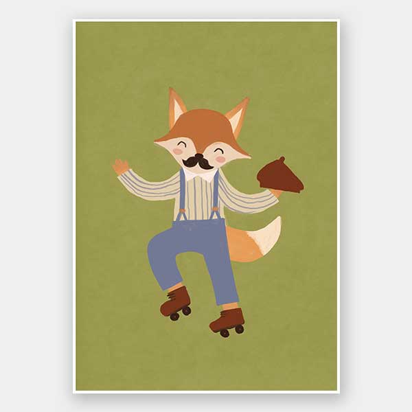 Dapper fox on roller skates strikes a playful pose over a soft green backdrop, from the Little Tails Collection by Urban Road.