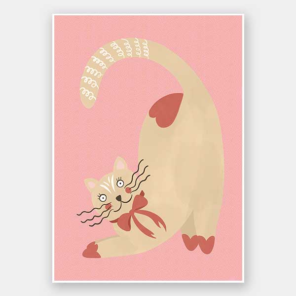 A curious cream cat with a red bow stretches on a blush-pink background in a charming storybook style, from the Little Tails Collection by Urban Road.