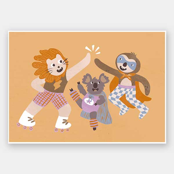 Three furry friends in retro outfits high-fiving on skates against a warm peach background, from the Little Tails collection by Urban Road.