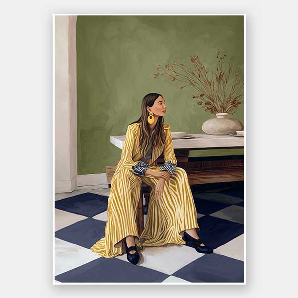 Woman in yellow-striped fashion sits poised against a green wall and patterned flooring in a moment of composed stillness, from the Lounging Ladies II collection by Urban Road.