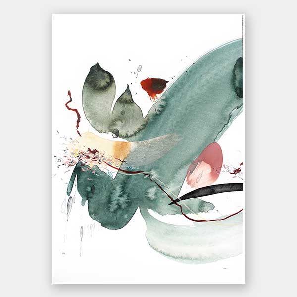 Abstract artwork by Christina Kwan featuring emerald green, deep reds, and blush tones in fluid, energetic shapes.