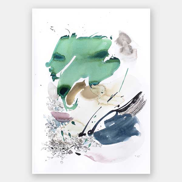 Abstract artwork by Christina Kwan in vibrant teal, deep blue, blush, and earthy neutrals, capturing dynamic movement.