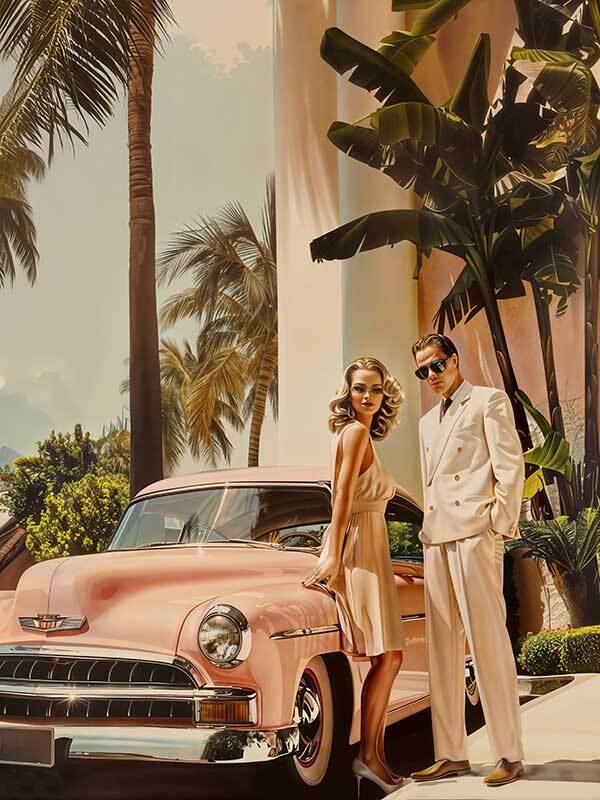 A stylish couple in vintage attire stands by a pink car amid palm trees and sunlit Art Deco buildings, evoking Hollywood glamour—just like the Linen Blush Canvas Art Print from the Shaynna Blaze x Urban Road collection.