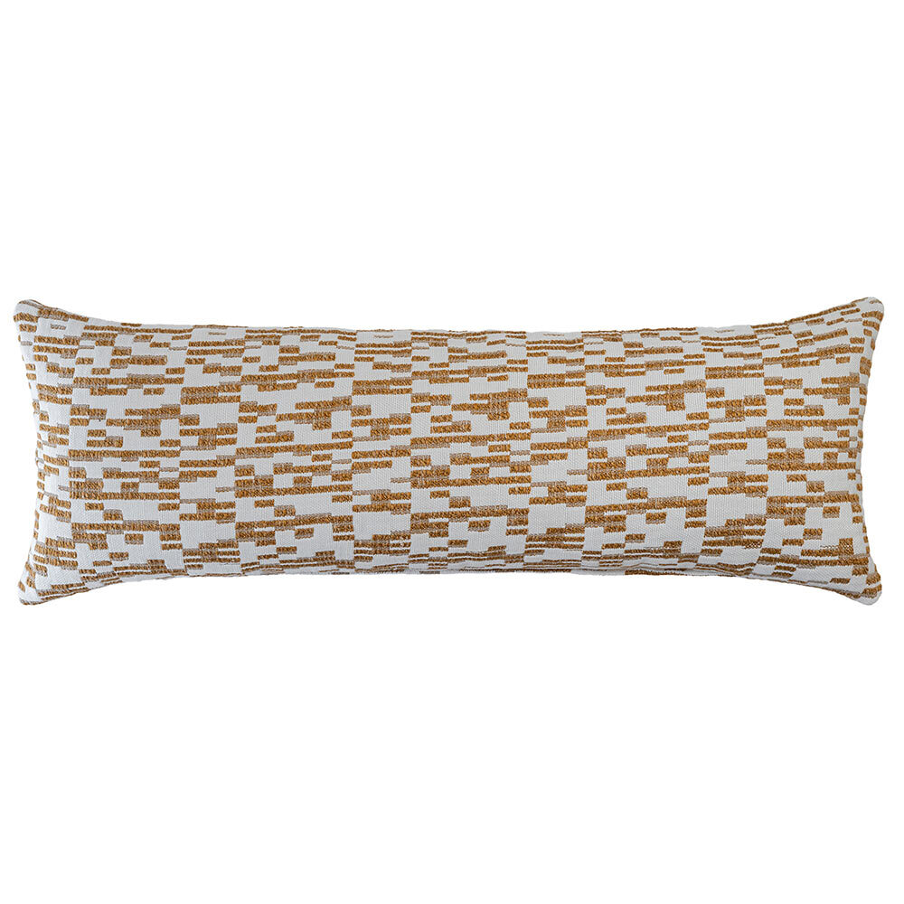 The Urban Road Rye Rectangle Neutral Cushion (90x30cm) features a white base with abstract gold and mustard geometric patterns, ideal for infusing contemporary style into your decor.
