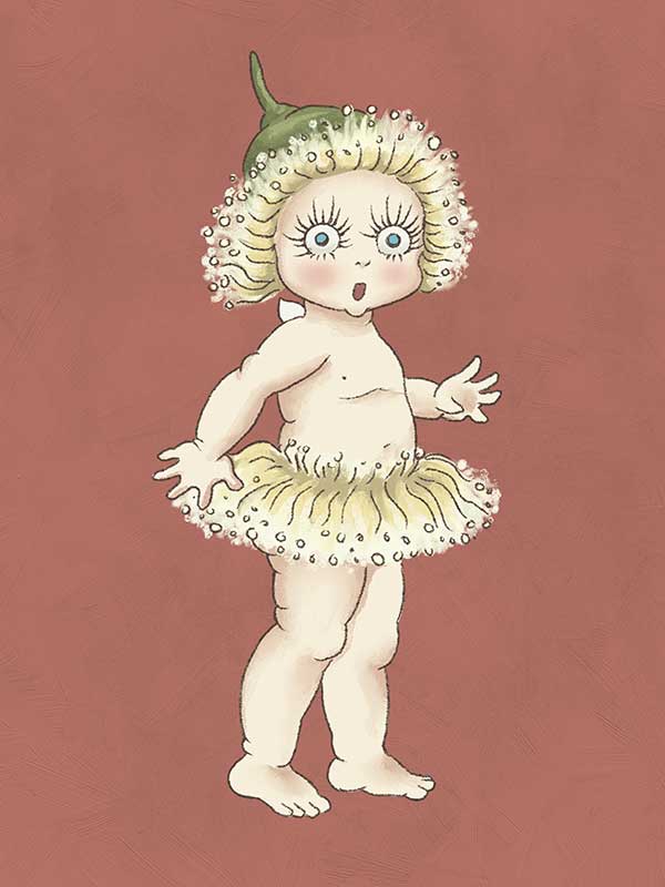 Gum Blossom Baby II Terracotta Canvas Art Print by Urban Road features a wide-eyed, surprised Gum Blossom Baby in a yellow tutu and floral headpiece, set against a muted reddish-brown background inspired by May Gibbs.