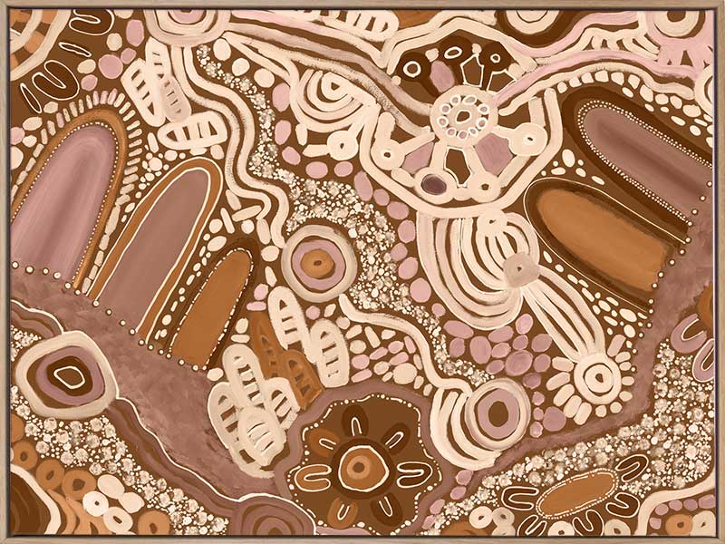 Earth-toned abstract painting with layered shapes, linear elements, and intricate dotwork in terracotta, white, and pink. From the Maria Watson-Trudgett collection with Urban Road.