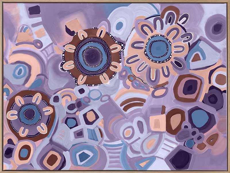 Vivid purple and pink composition featuring blooming flower shapes, geometric tiles, and layered brushstrokes. From the Maria Watson-Trudgett collection with Urban Road.