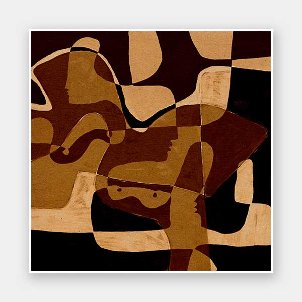 Earth-toned abstract artwork featuring layered organic forms in black, ochre, and beige with subtle linework, from the Shatha collection with Urban Road.