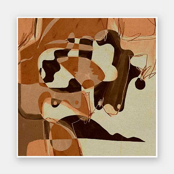 Playful abstract art with fluid peach and terracotta tones contrasted by bold line details and rounded forms, from the Shatha collection with Urban Road.