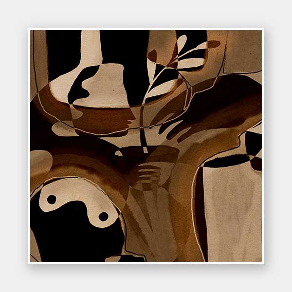 Expressive abstract composition with deep shadows, curved hand forms, and layered neutrals in tan and espresso, from the Shatha collection with Urban Road.