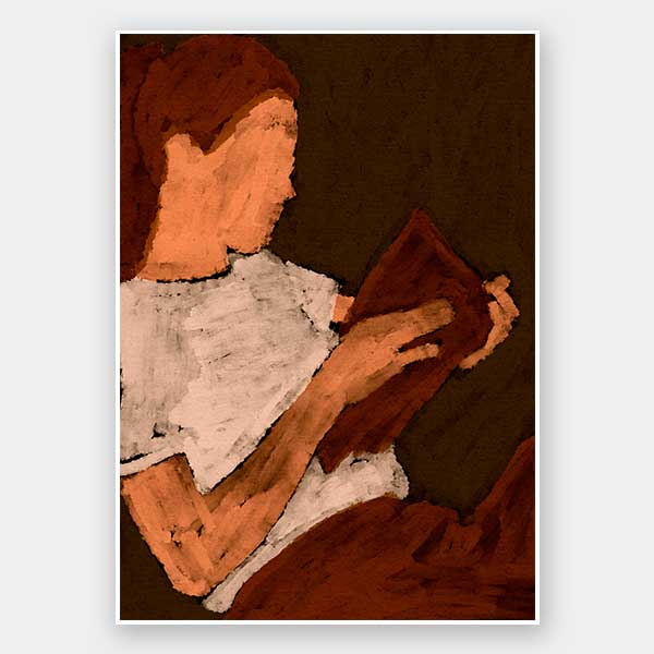 Warm-toned figurative artwork of a woman in a white top reading a book under soft lighting, with visible brush texture, from the Shatha collection with Urban Road.