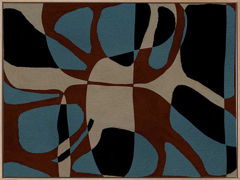 Playful composition of organic shapes in terracotta, black, and turquoise with intersecting negative space, from the Shatha collection with Urban Road.