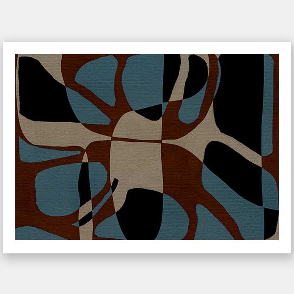 Playful composition of organic shapes in terracotta, black, and turquoise with intersecting negative space, from the Shatha collection with Urban Road.