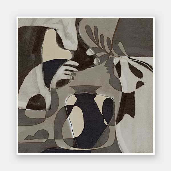 Muted grayscale artwork with abstracted human forms and botanical details creating a soft, introspective mood, from the Shatha collection with Urban Road.