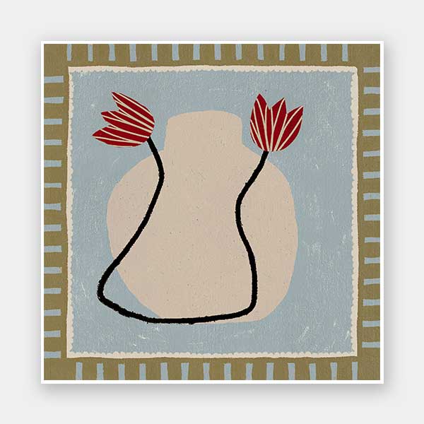 Light and airy composition of a cream vase with red blooms on a pale blue backdrop with striped green borders, from the Shatha collection with Urban Road.