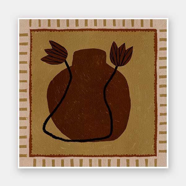 Warm-toned artwork with a deep brown vase and abstract floral stems against a mustard background with striped borders, from the Shatha collection with Urban Road.