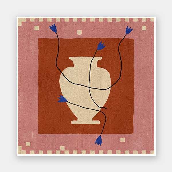 Modern floral artwork of a cream-coloured vase with electric blue blooms and flowing black stems on a brick red background with soft pink trim, from the Shatha collection with Urban Road.