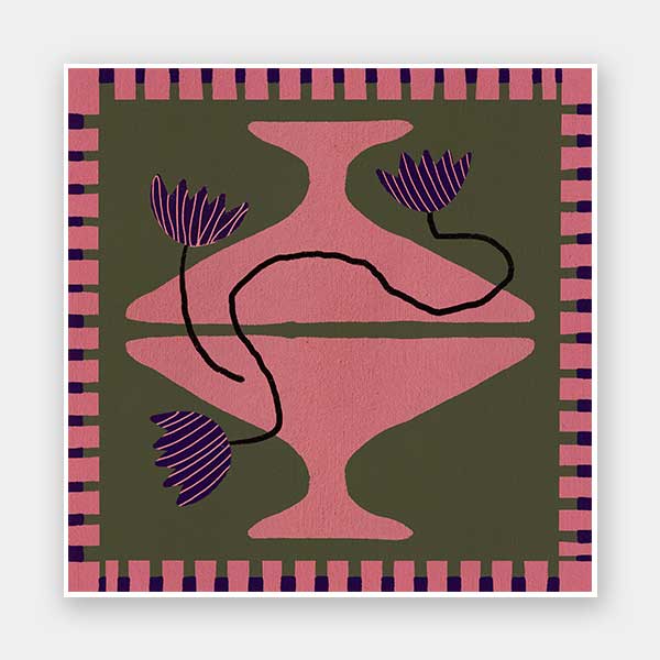 Bold artwork featuring a vibrant pink vase with purple blooms and a pink striped border on a green background, from the Shatha collection with Urban Road.