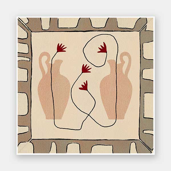 Minimalist composition of two neutral-toned vases with red blooms on a beige backdrop, bordered by a taupe and ivory geometric frame, from the Shatha collection with Urban Road.