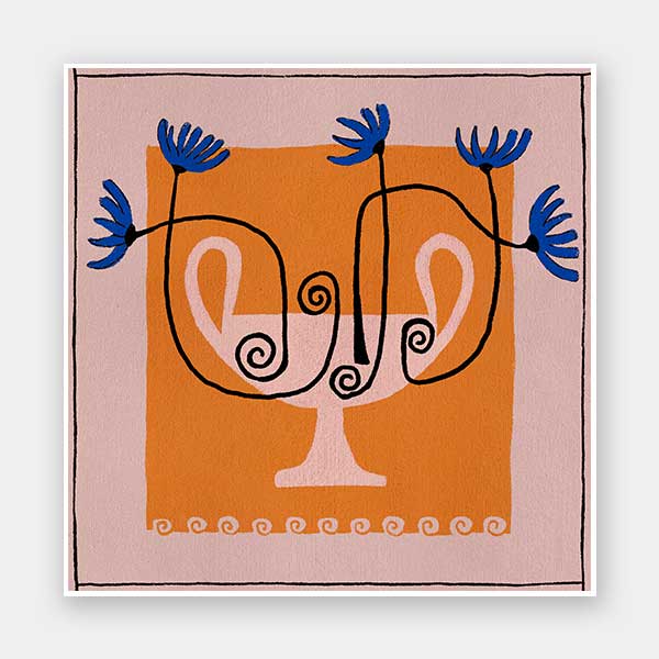 Graphic floral composition with a pink twin-handled vase and electric blue blooms, set on a bold orange block and pink background, from the Shatha collection with Urban Road.