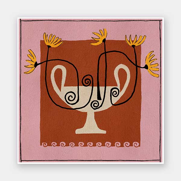 Bold floral artwork featuring a cream pedestal vase with curling black stems and yellow blooms, framed in deep red and soft pink, from the Shatha collection with Urban Road.